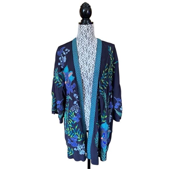 Monsoon Elliah Embroidered Open Kimono Navy Size L - Picture 10 of 12